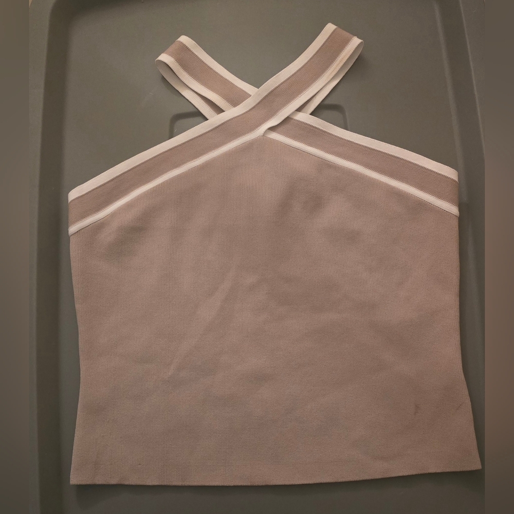 NWT Sincerely Jules Ribbed Cross Strap Knit Neutral Minimalist Top Taupe Size M